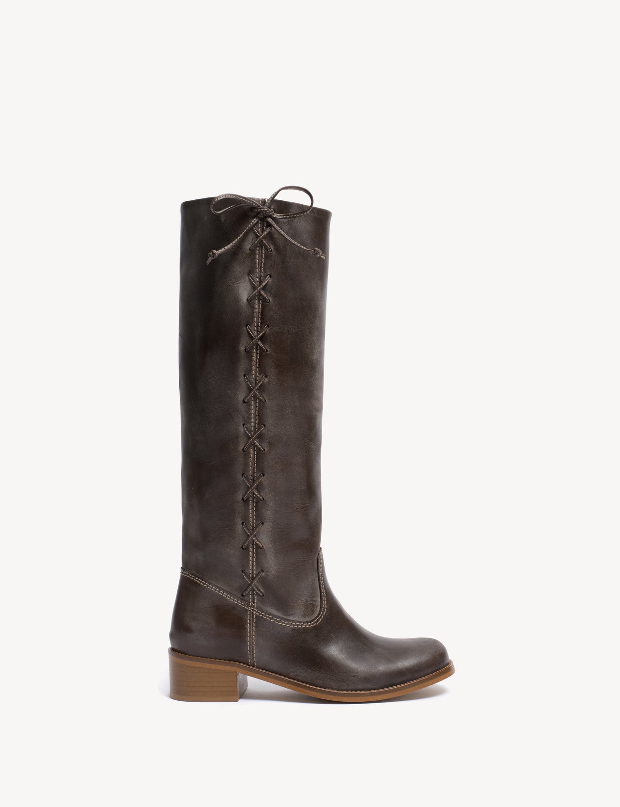 Ann Gaucho Boot With Laces In Dark Brown Escovado Leather