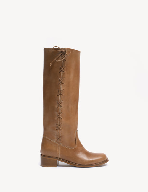Ann Gaucho Boot With Laces In Dark Tan Escovado Leather