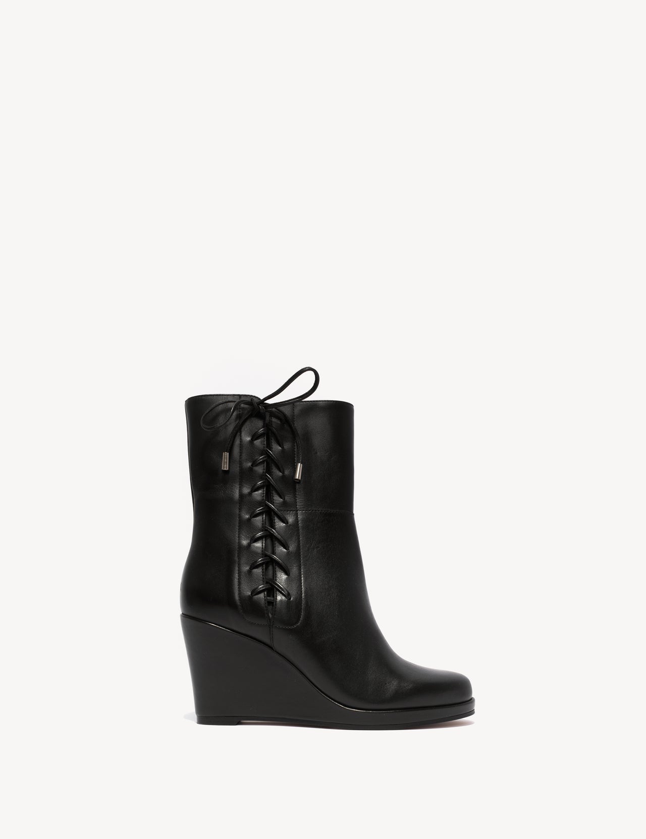 Liv Wedge Ankle Boot With Side Laces In Black Calfskin