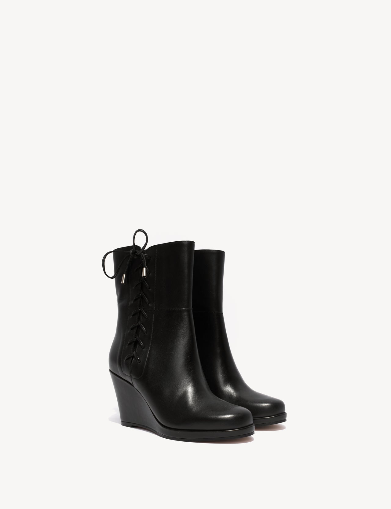 Liv Wedge Ankle Boot With Side Laces In Black Calfskin