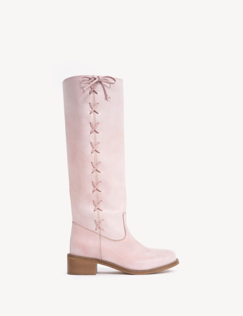 Ann Gaucho Boot With Laces In Pink Escovado Leather