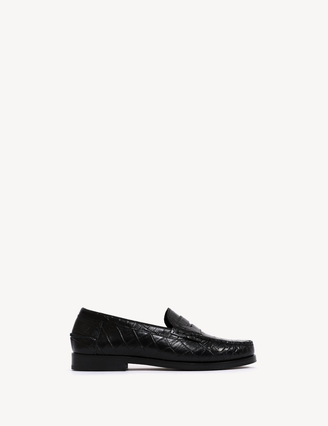 Moccasin Penny Loafer In Black Crocodile Stamped Calfskin