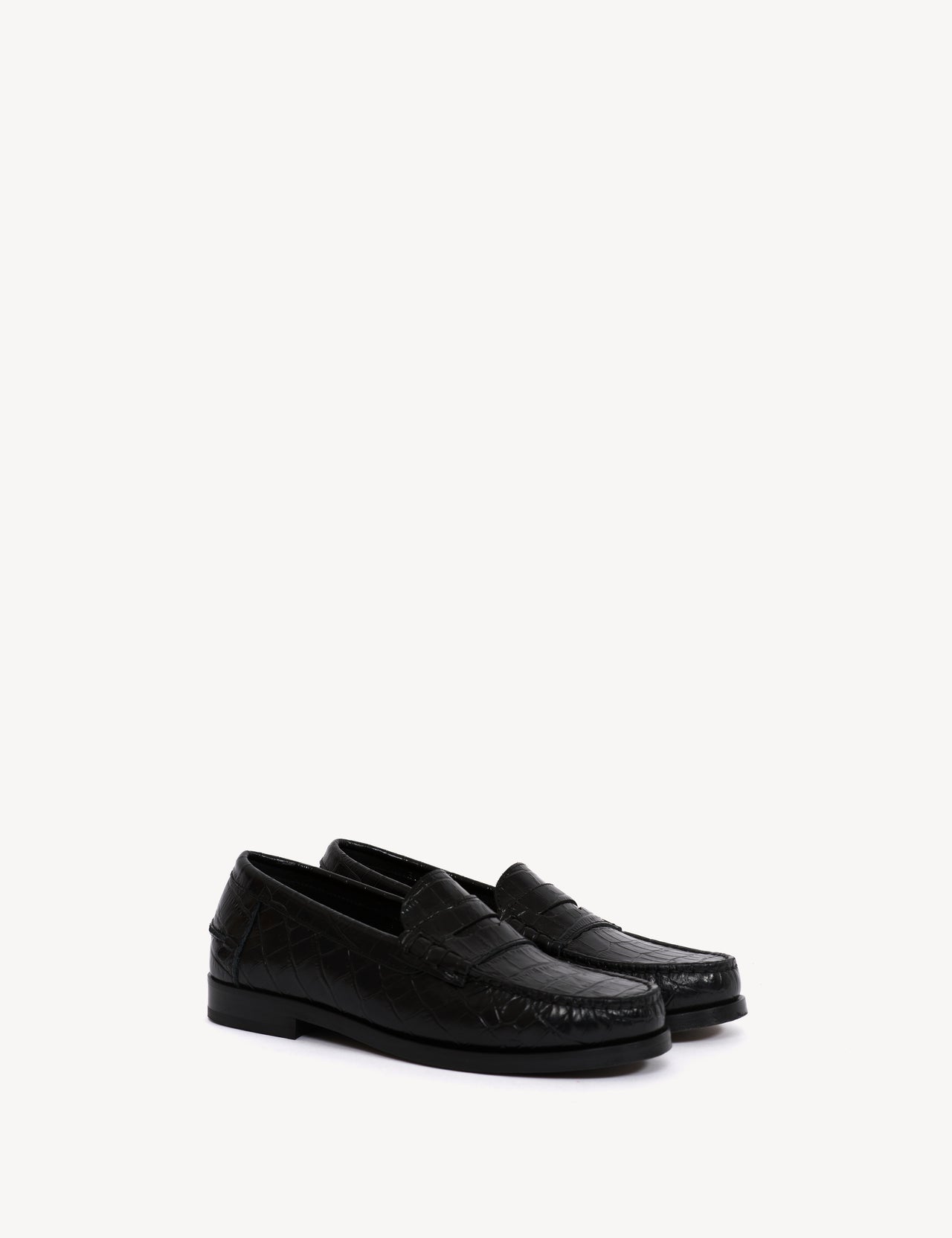 Moccasin Penny Loafer In Black Crocodile Stamped Calfskin