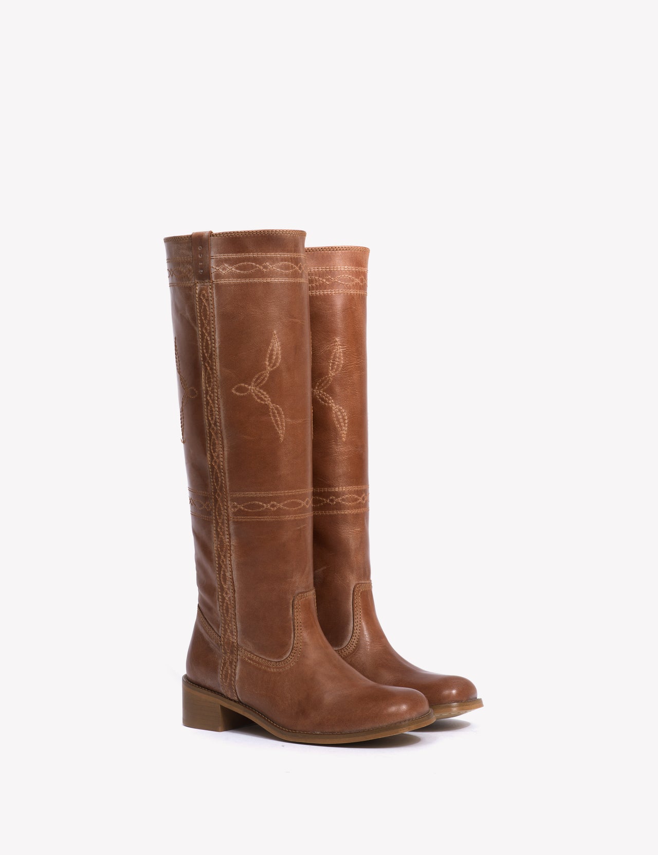 Ann Gaucho Boot With Western Stitchings In Cognac Escovado Leather