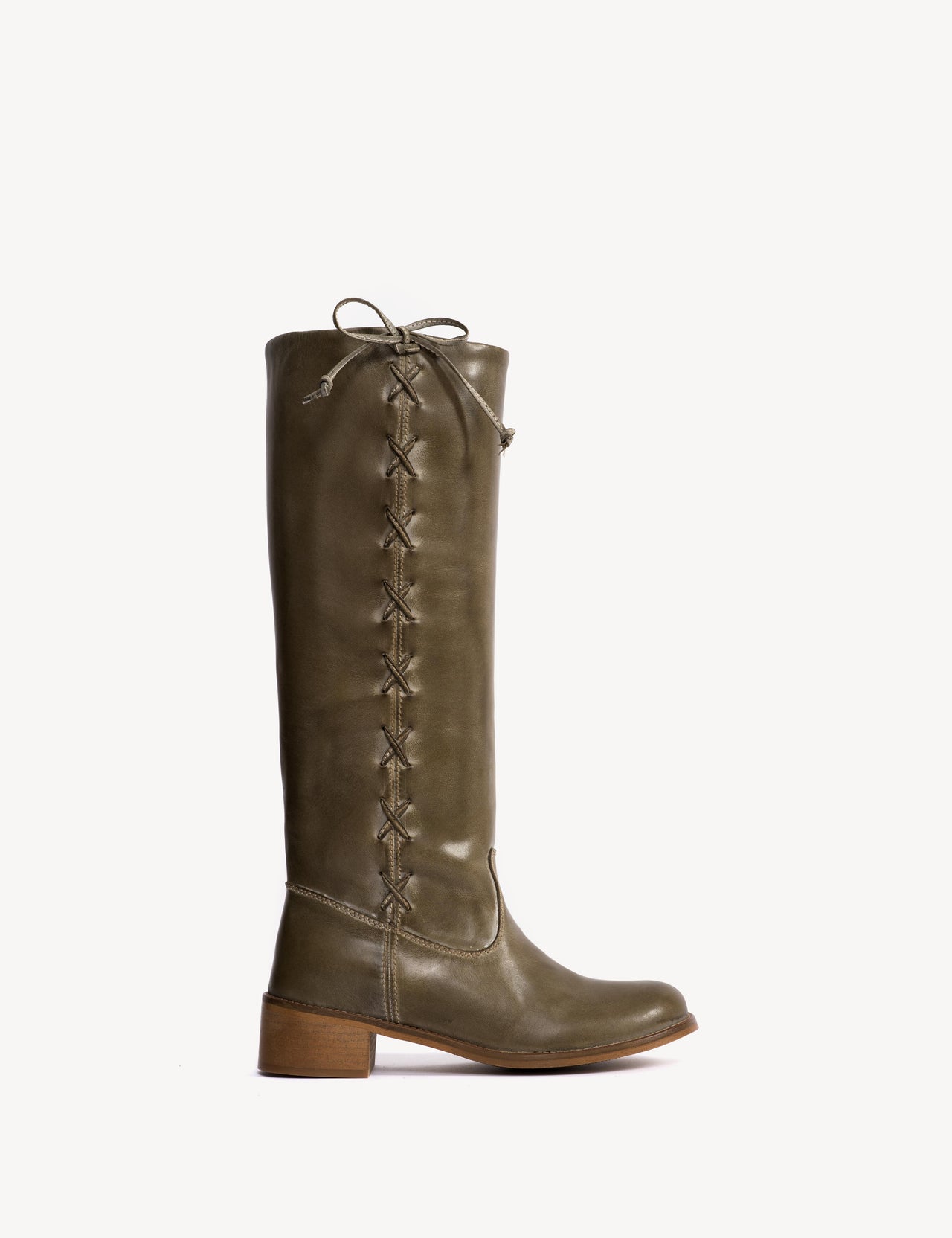 Ann Gaucho Boot With Laces In Army Green Escovado Leather
