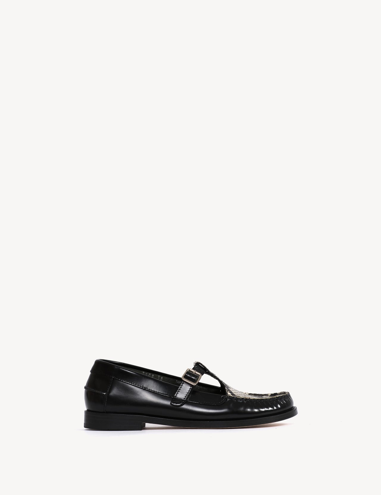 Moccasin T-Bar Loafer In Black Polido Leather And Python Skin