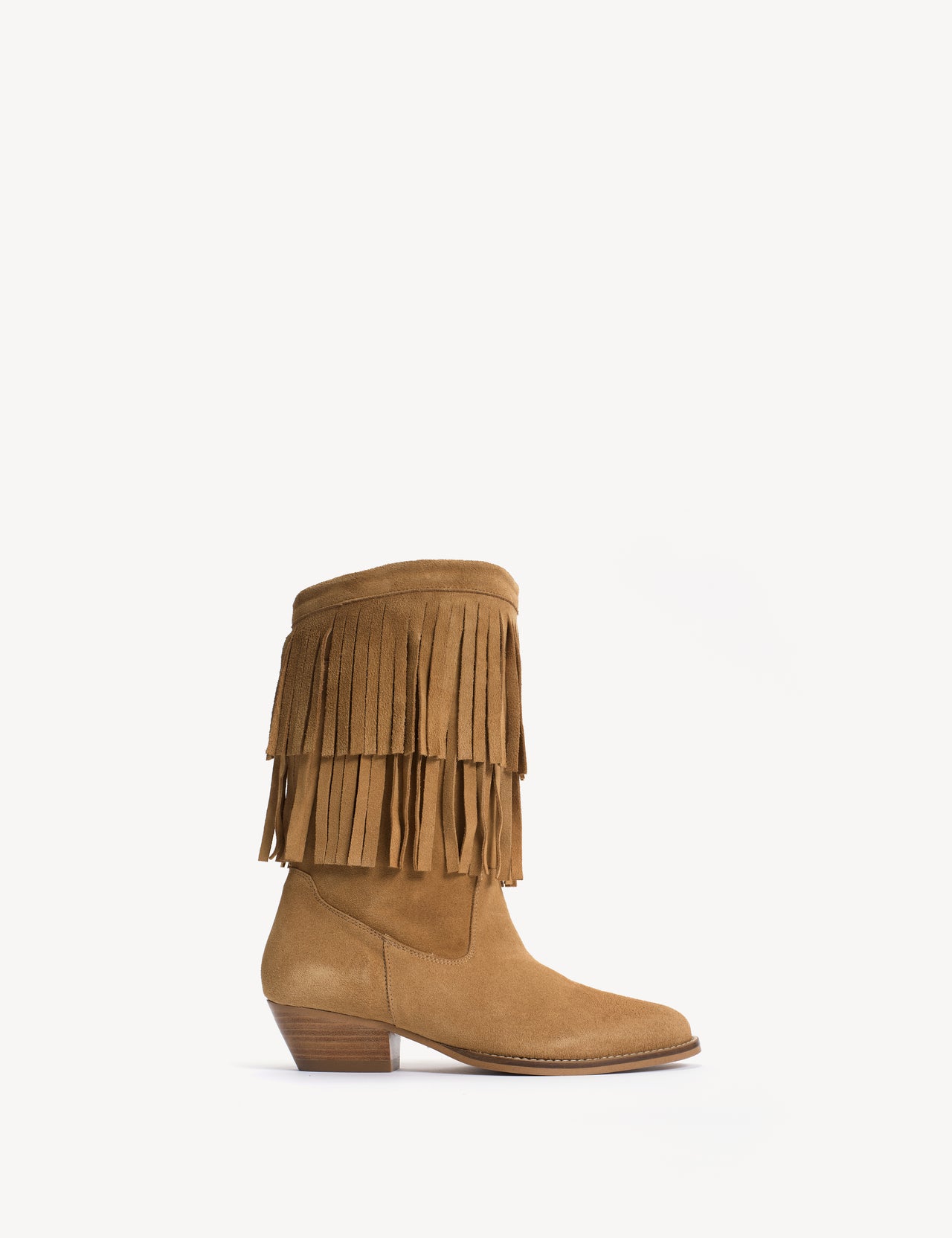 Celina Fringes Boot In Light Tan Calf Suede