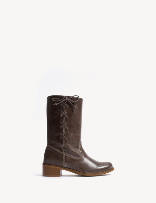 Julia Gaucho Boot With Laces In Dark Brown Escovado Leather