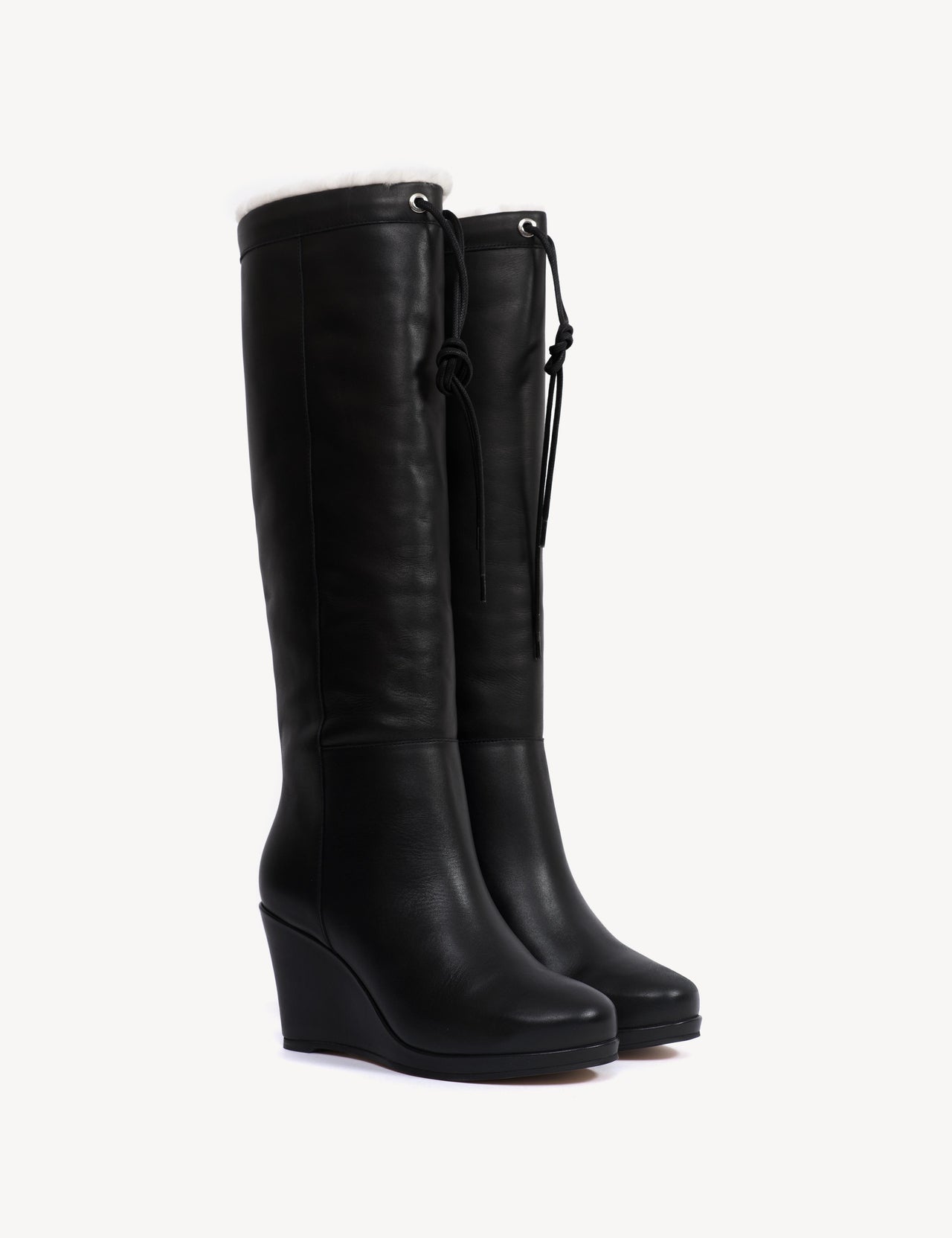 Liv Wedge Boot High In Black Calfskin & Shearling Lining