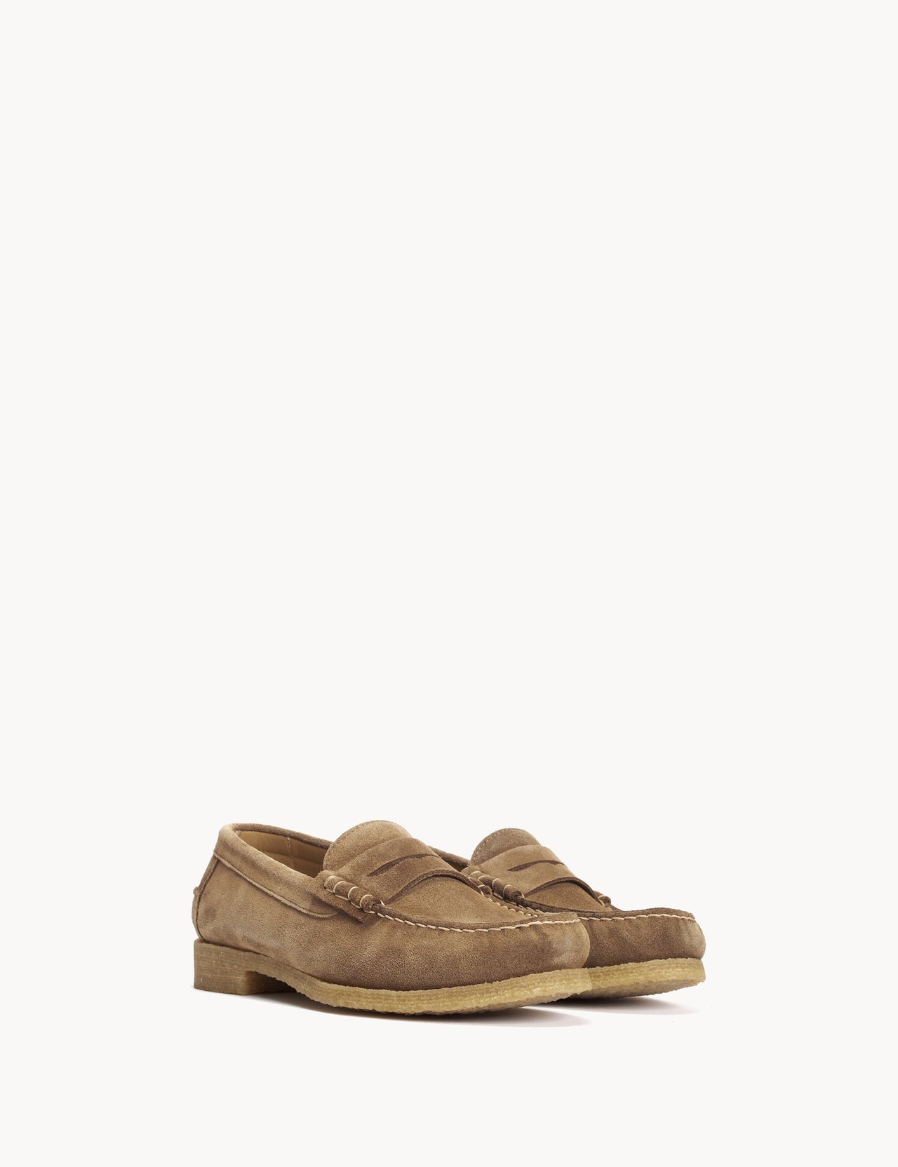 Moccasin Penny Loafer In Honey Calf Suede With A Crepe Sole