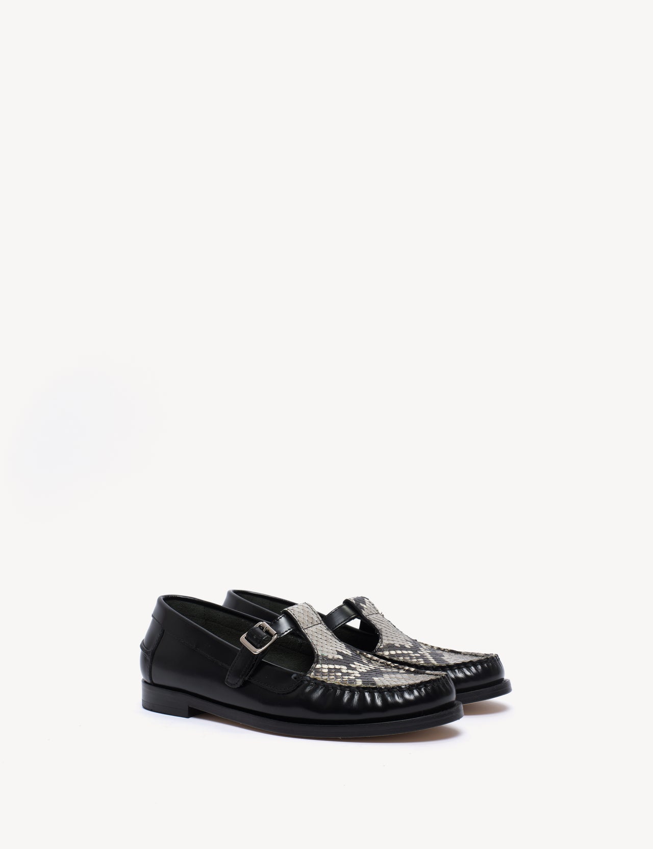 Moccasin T-Bar Loafer In Black Polido Leather And Python Skin