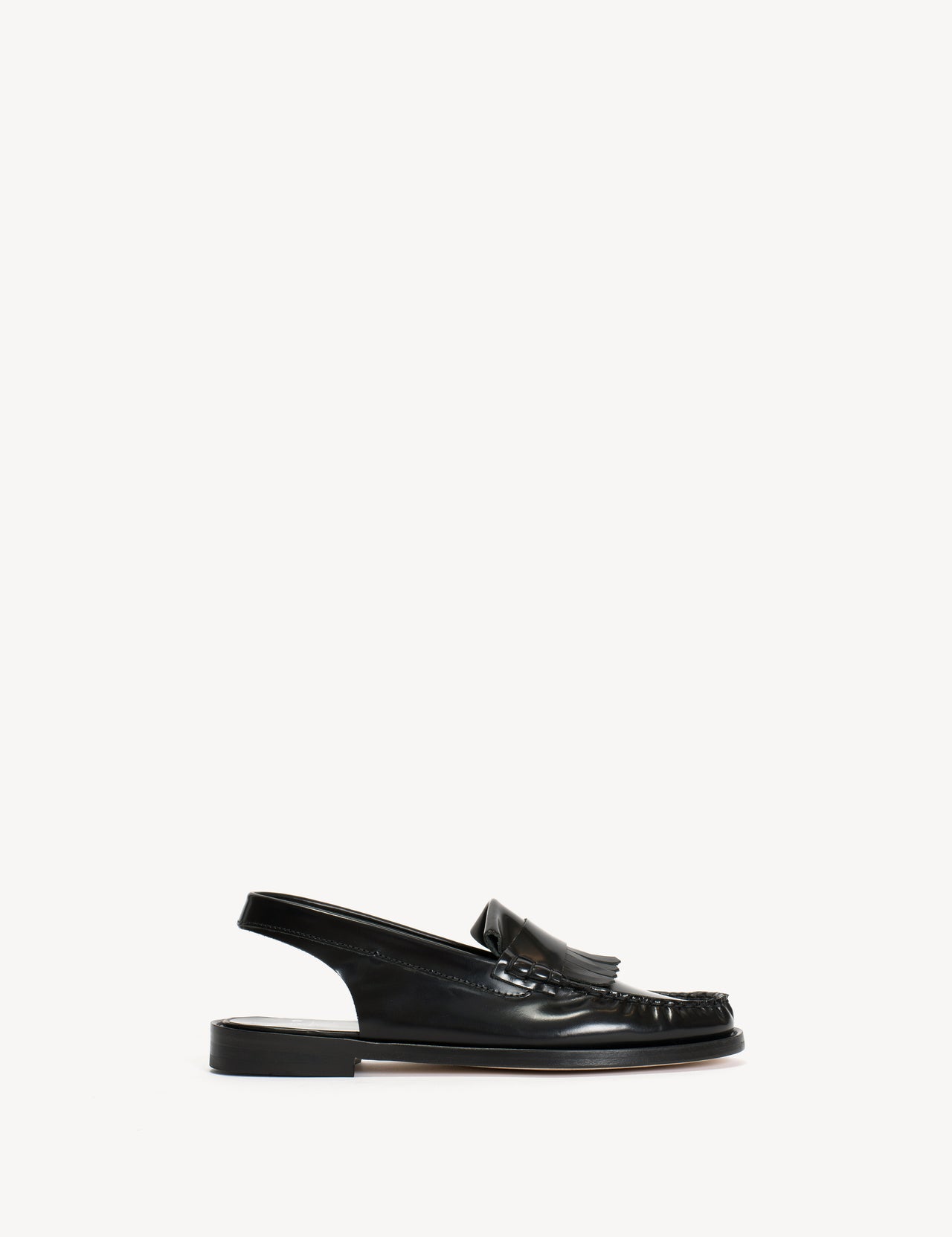 Slingback Moccasin Loafer With Fringes In Black Polido Leather