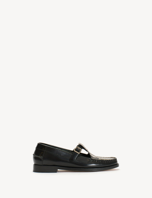 Moccasin T-Bar Loafer In Black Polido Leather And Python Skin