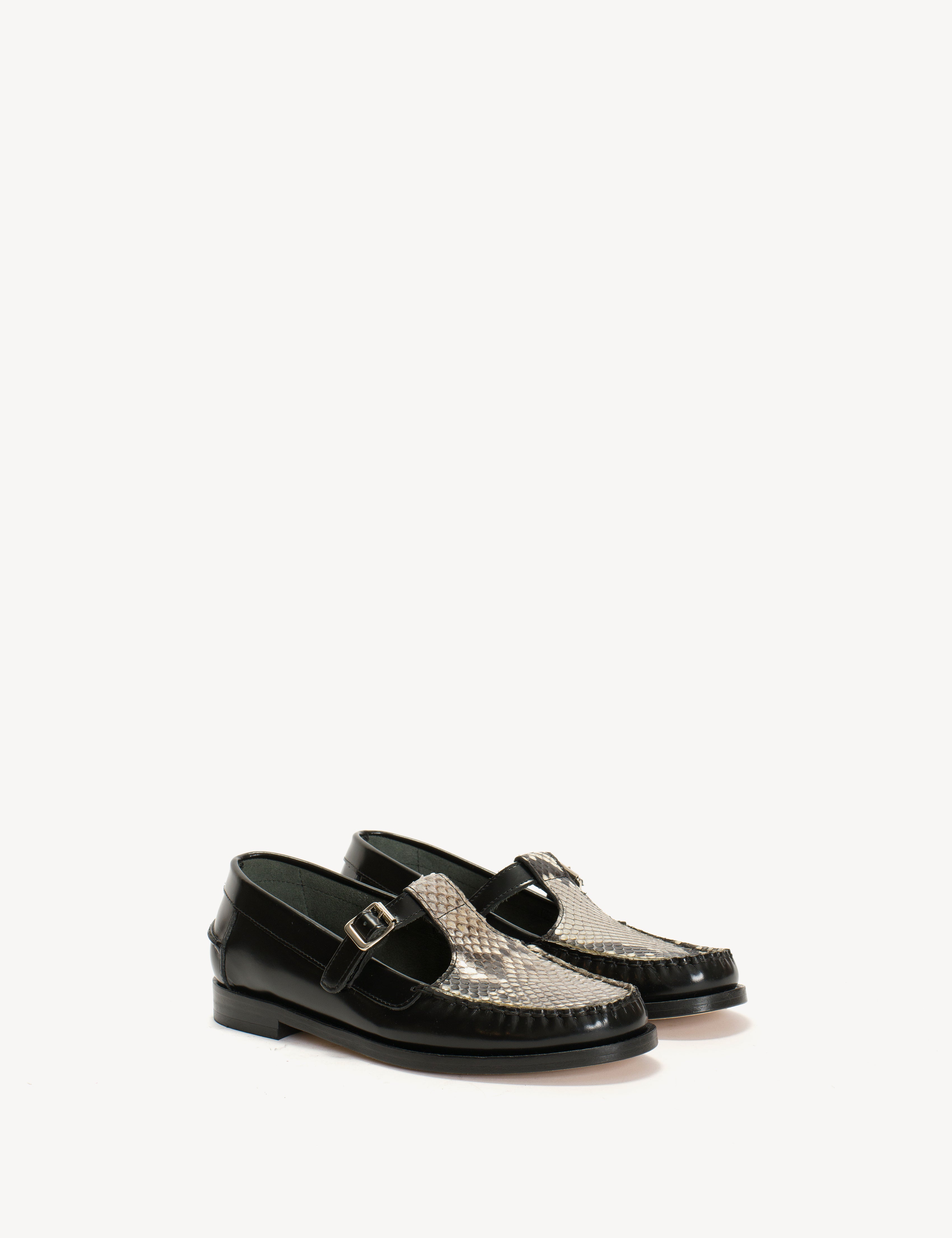 Python Skin Loafers Moccasin T-Bar Loafer In Black Polido Leather And Python Skin - Dico ...