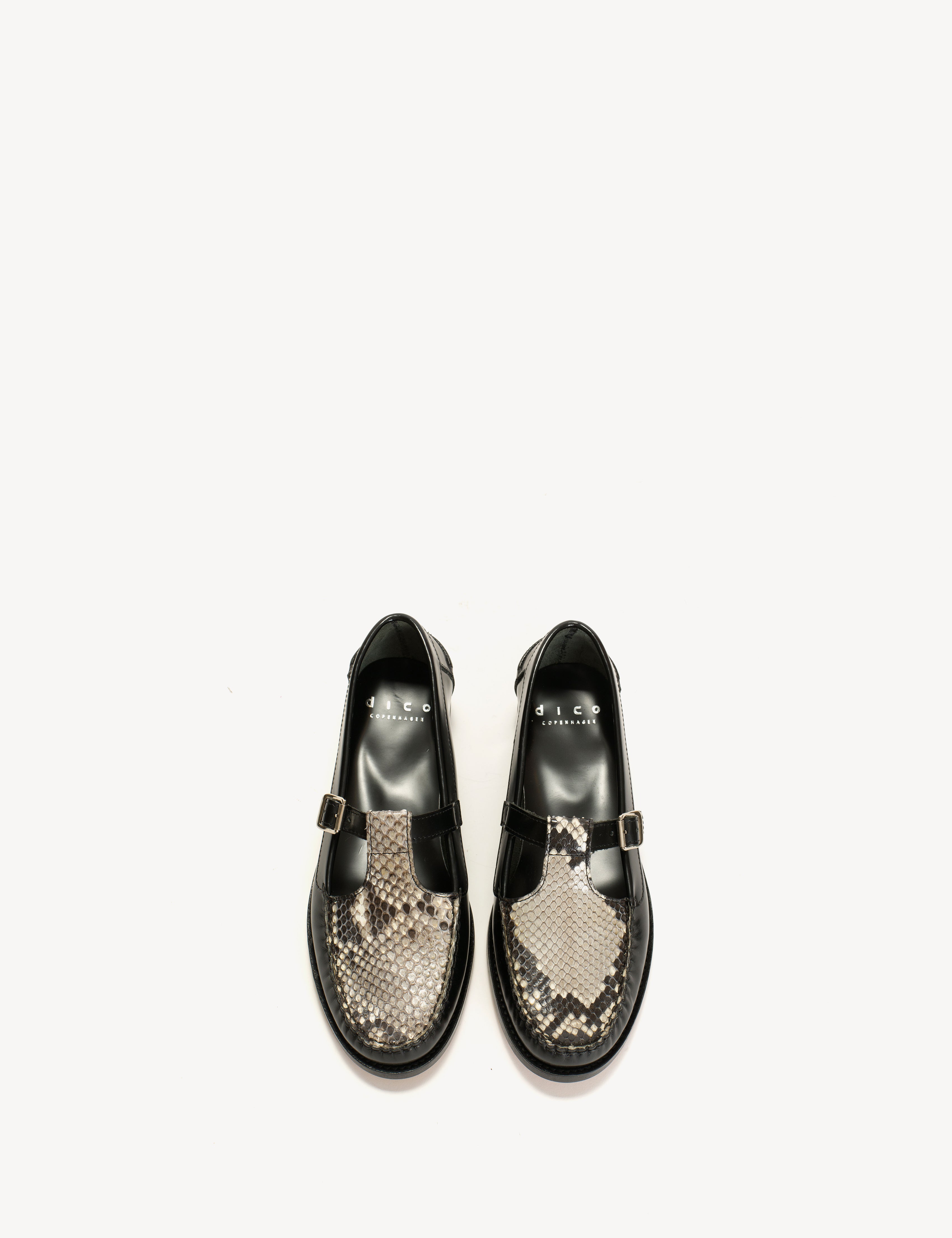 Python Skin Loafers Moccasin T-Bar Loafer In Black Polido Leather And Python Skin - Dico ...