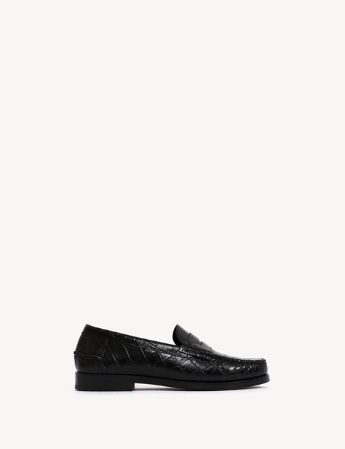 Moccasin Penny Loafer In Black Crocodile Stamped Calfskin