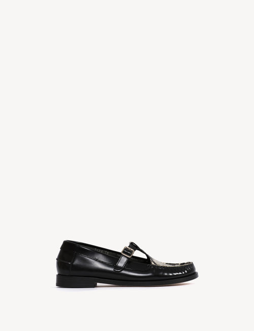 Moccasin T-Bar Loafer In Black Polido Leather And Python Skin