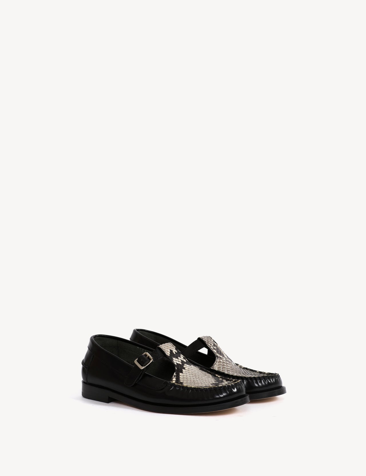 Moccasin T-Bar Loafer In Black Polido Leather And Python Skin