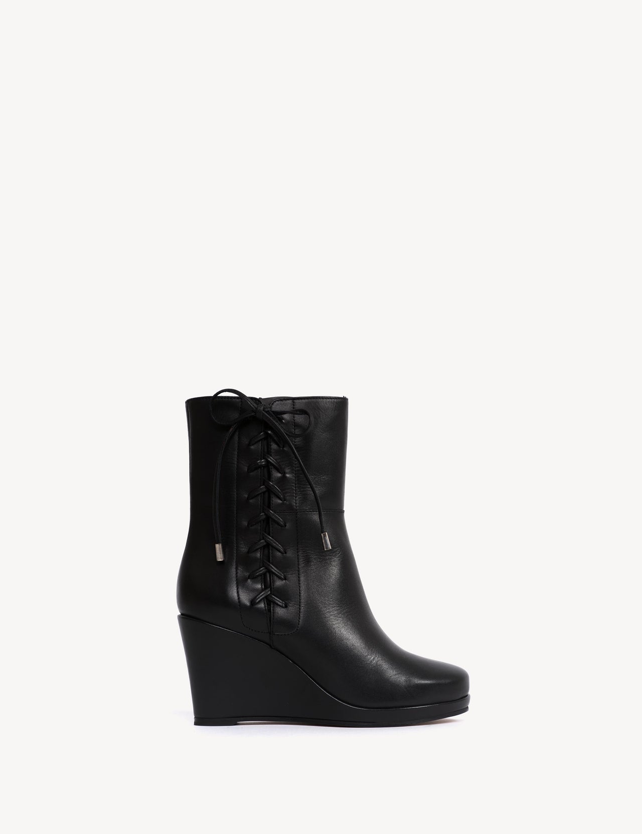 Liv Wedge Ankle Boot With Side Laces In Black Calfskin