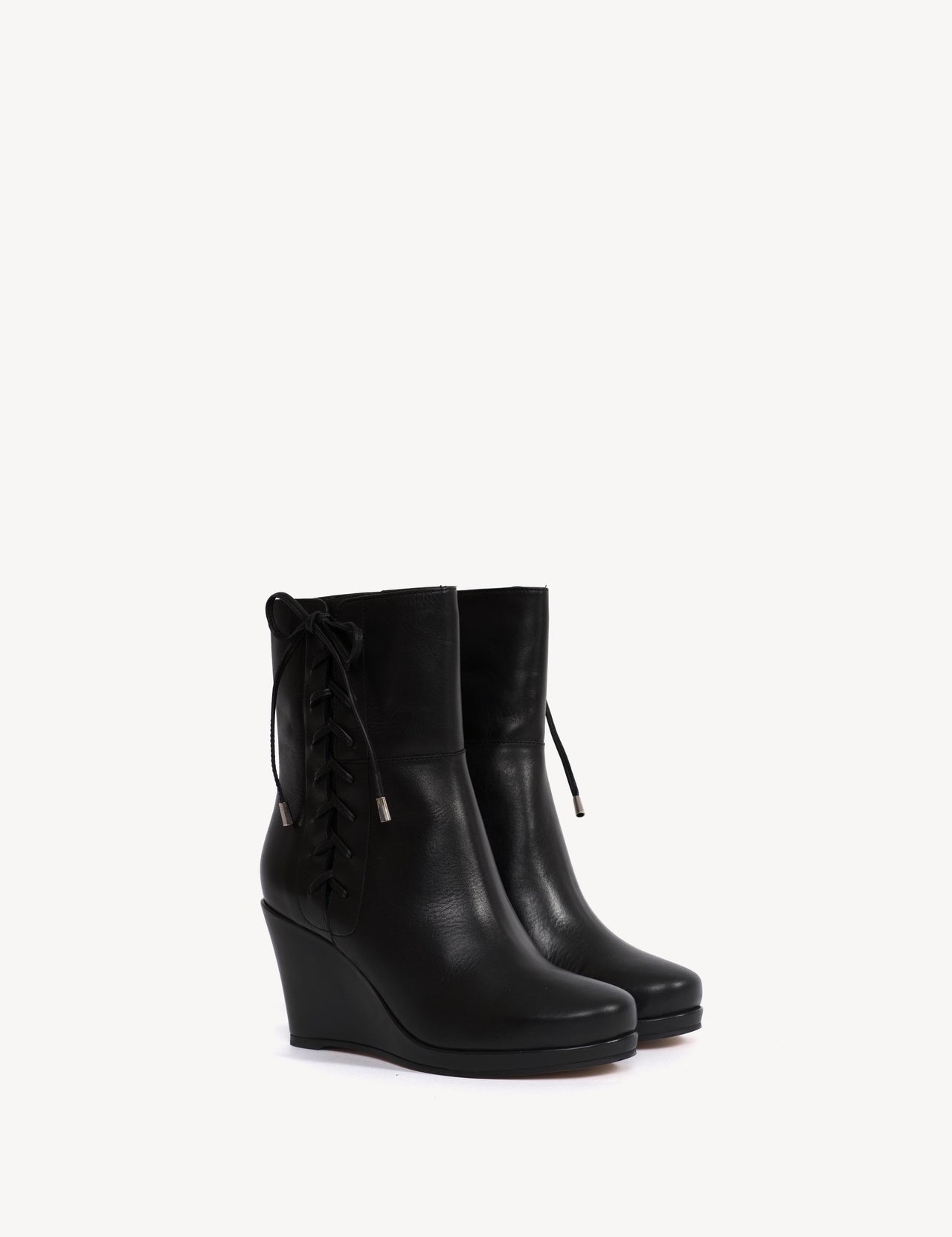 Liv Wedge Ankle Boot With Side Laces In Black Calfskin