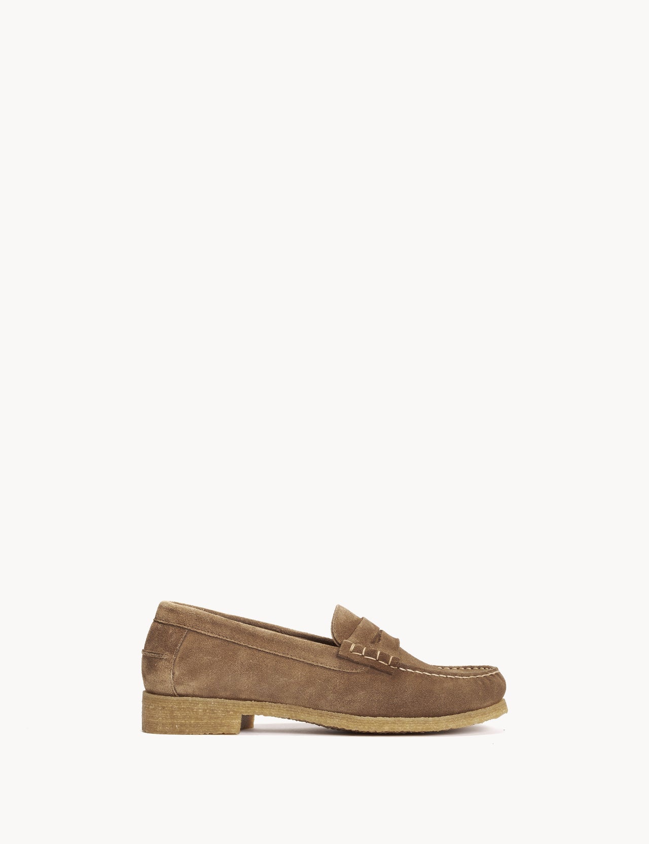 Moccasin Penny Loafer In Honey Calf Suede With A Crepe Sole