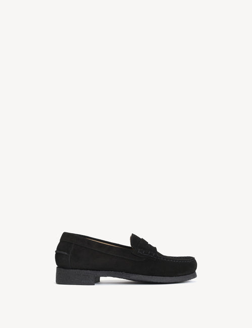 Moccasin Penny Loafer In Black Calf Suede With A Crepe Sole