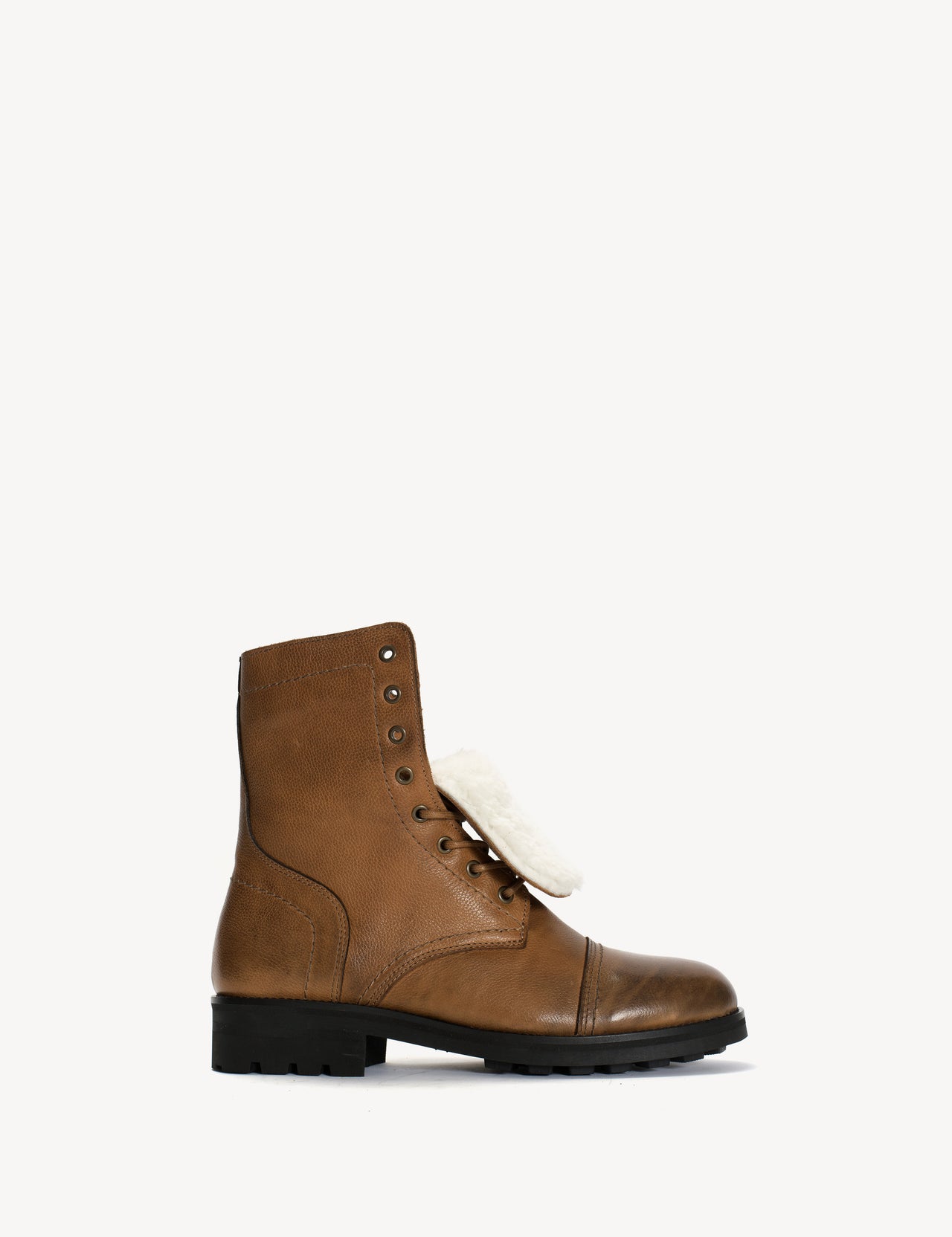 Army Boot Men's In Dark Tan Grained Calfskin With Shearling Fur Lining