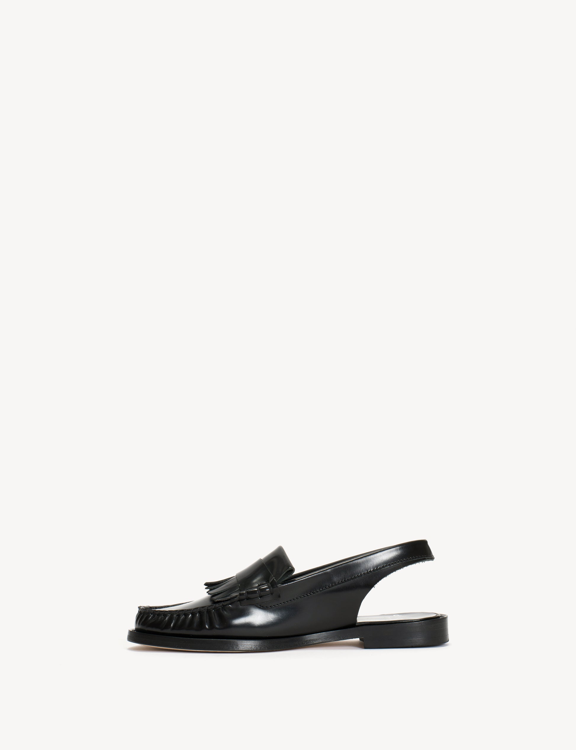 Slingback Moccasin Loafer With Fringes In Black Polido Leather - Dico ...