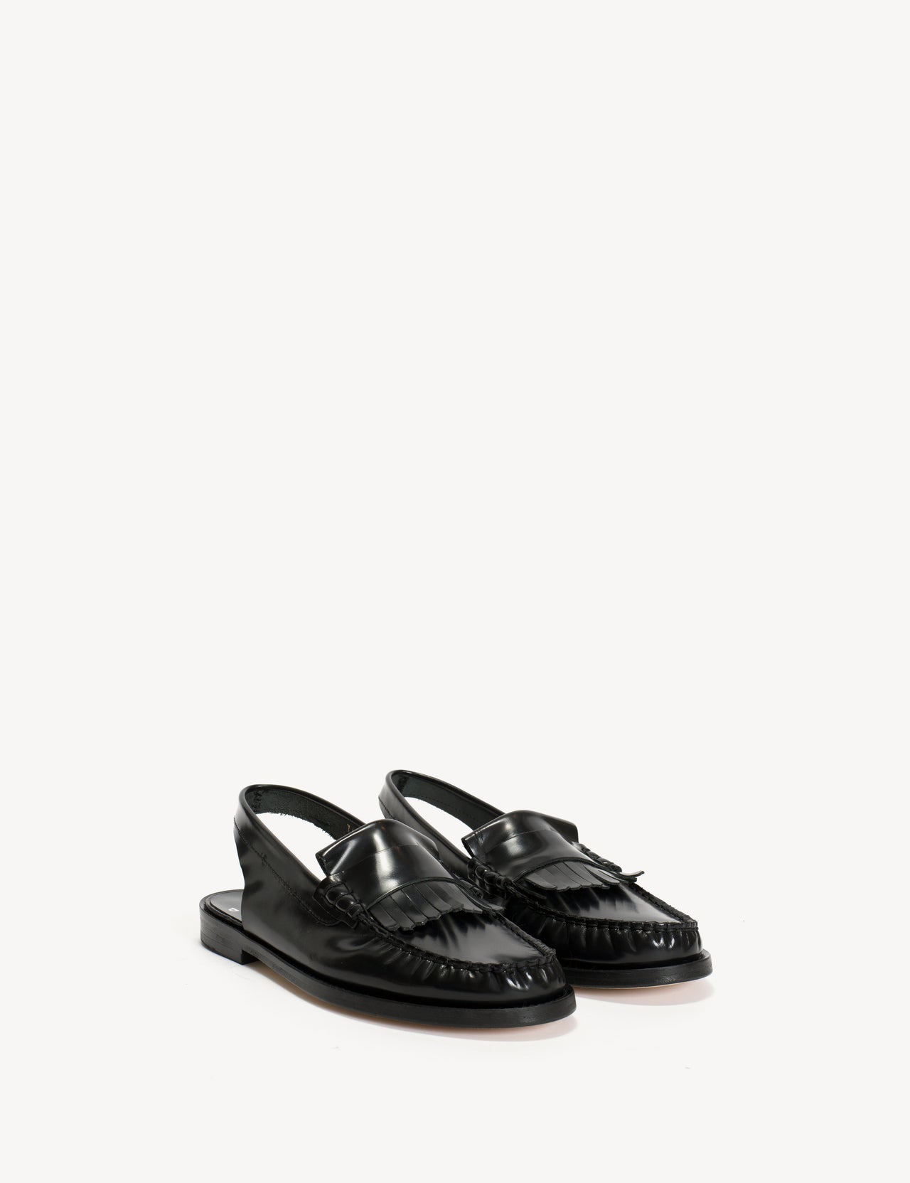Slingback Moccasin Loafer With Fringes In Black Polido Leather
